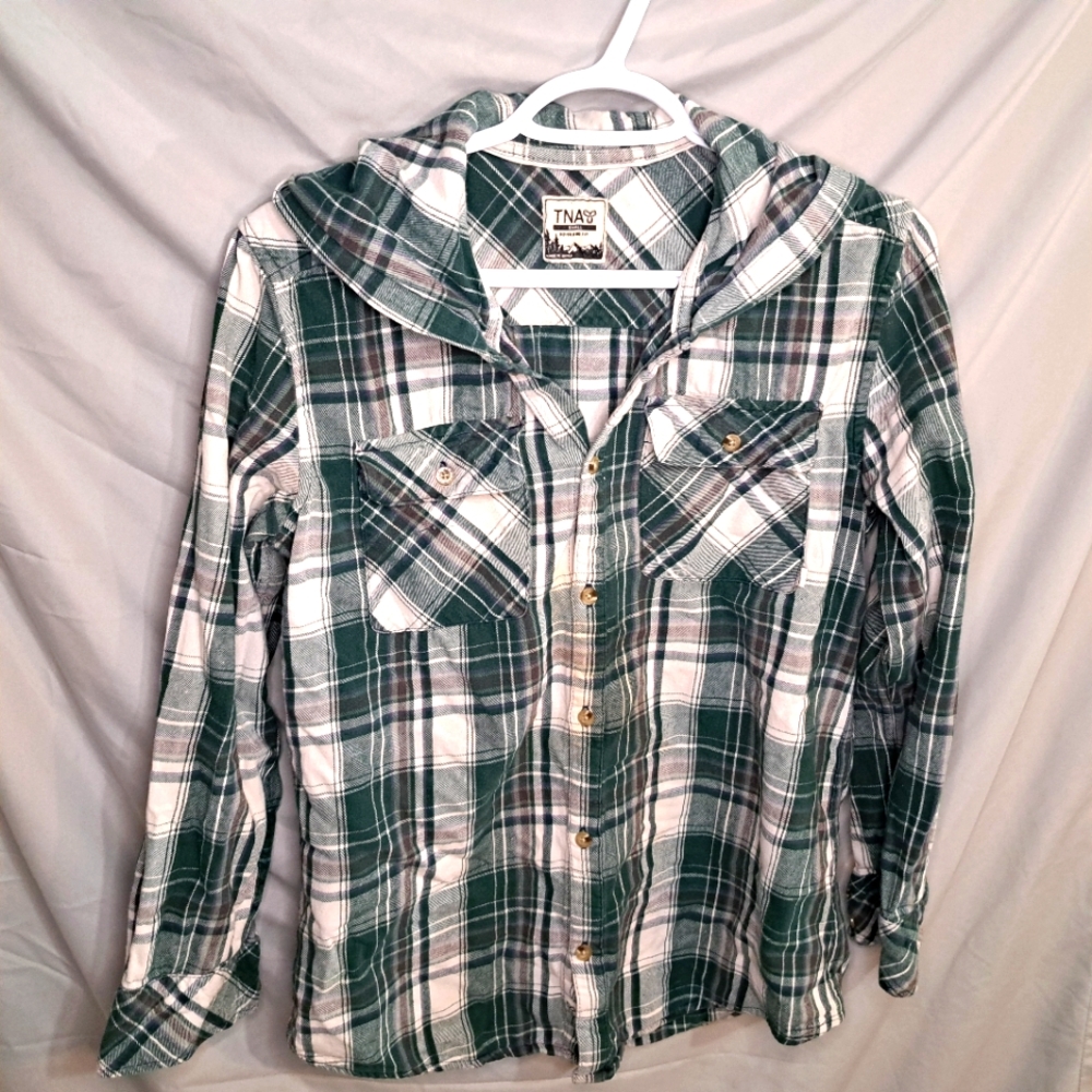 ⚡️2 For $15 ⚡️ TNA Green Plaid Button-Up Hooded Shirt Boyfriend fit size small